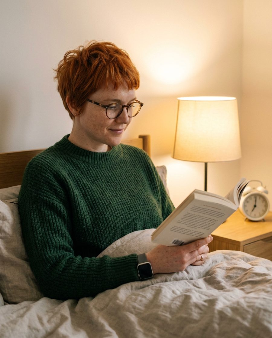Juno reading in bed with her phone away