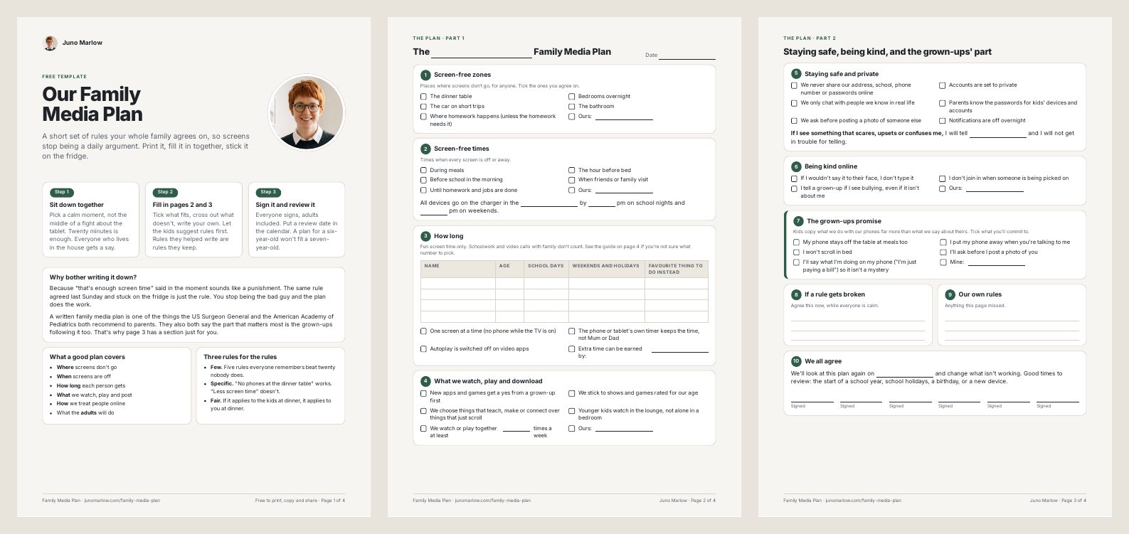 The first three pages of the Family Media Plan template